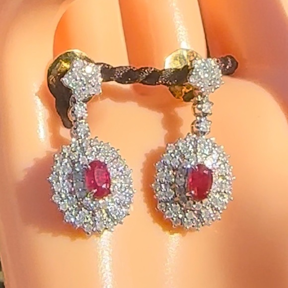 Natural Burmese Ruby and Diamond Earrings in 18 k solid gold ⭐️New⭐️ - Picture 9 of 12
